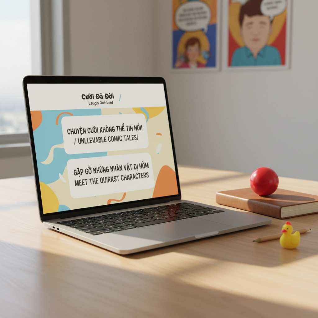 A sleek laptop on a clean wooden table displaying a bilingual blog homepage, with bold, playful typography in both Vietnamese and English headlines about funny stories. Beside the laptop, a bright red clown nose rests on top of a closed journal, next to a pencil with a tiny rubber chicken eraser. Soft morning light from an unseen window washes over the scene, creating gentle reflections on the laptop screen and subtle shadows along the tabletop. The background is softly blurred, hinting at colorful posters with humorous illustrations on the wall. Framed using the rule of thirds in photographic realism, the mood is cheerful and inviting, suggesting a modern, witty online space for lighthearted storytelling, all without any human figures.
